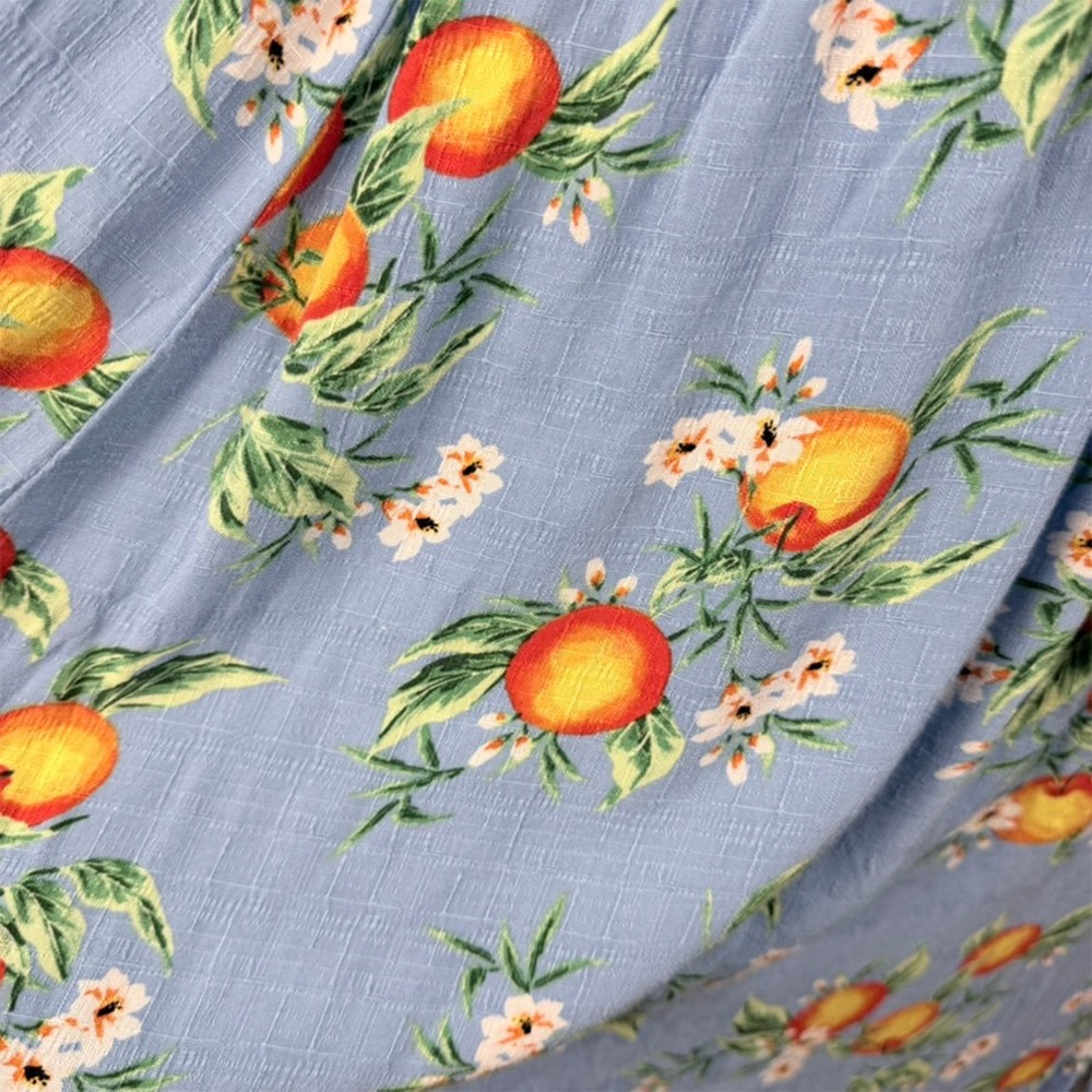 Torrid Midi Dress 2 Blue Orange Fruit Flower Blossom Cottagecore Milkmaid Boho - Picture 6 of 12